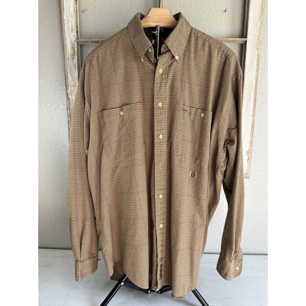 Tommy Hilfiger Men’s Shirt Sz L Tan Plaid Front Pockets Long Sleeve Button Down